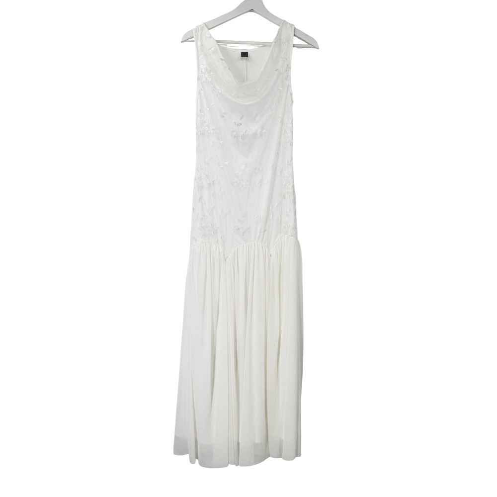 Shein Dress Womens XS White Floral Embroidered Cowl Neck Drop Waist Maxi Gown